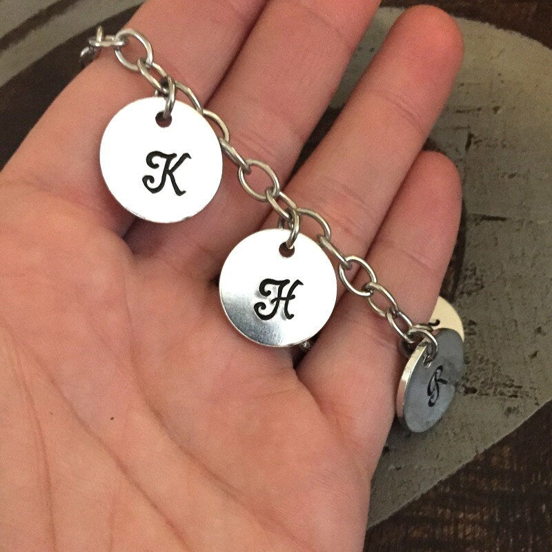 Mother Charm Bracelet Grandma Charm Bracelet Grandchildren Initial Bracelet Handstamped Bracelet Personalized Bracelet Handstamped Jewelry