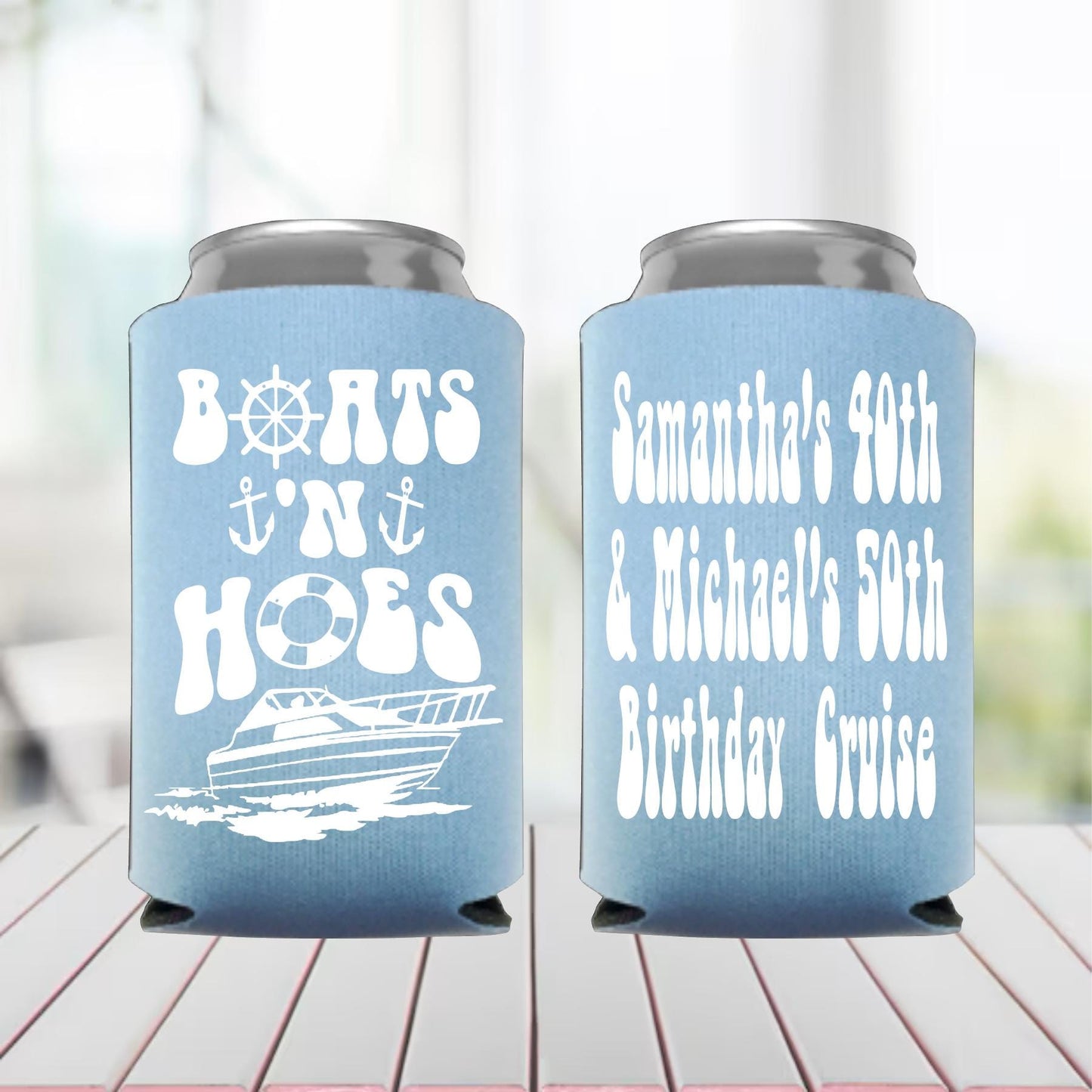 Retro Boats N Hoes Can Cooler: Personalized Nautical Party Favor