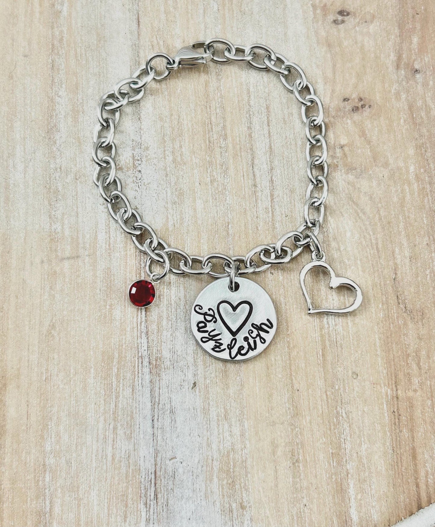Girls Charm Bracelet Handstamped Bracelet Heart Bracelet Personalized Bracelet Charm Bracelet Bracelet for Girl Birthstone Jewelry Birthday