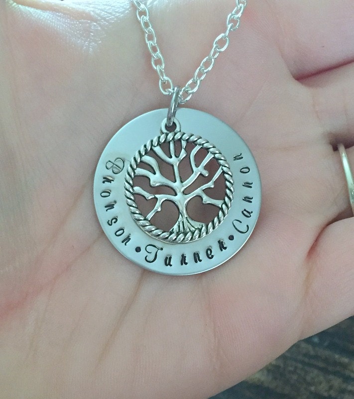 Tree of Life Necklace Mom Necklace Grandma Necklace Handstamped Jewelry Mothers Day Gift Gift for New Mom Personalized Necklace Washer