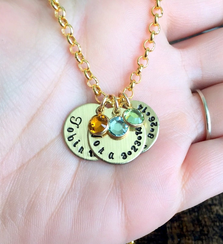 Handstamped Gold Necklace Name Necklace Gold Birthstone Jewelry Gold Necklace Custom Necklace Birthstone Necklace Gift for Mom Mom Necklace