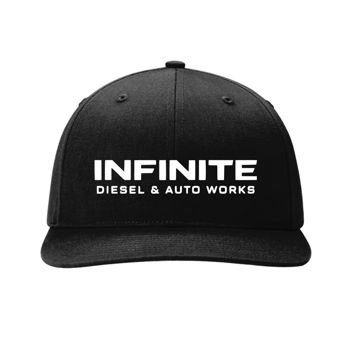 Black cap with 'Infinite Diesel & Auto Works' text on a white background
