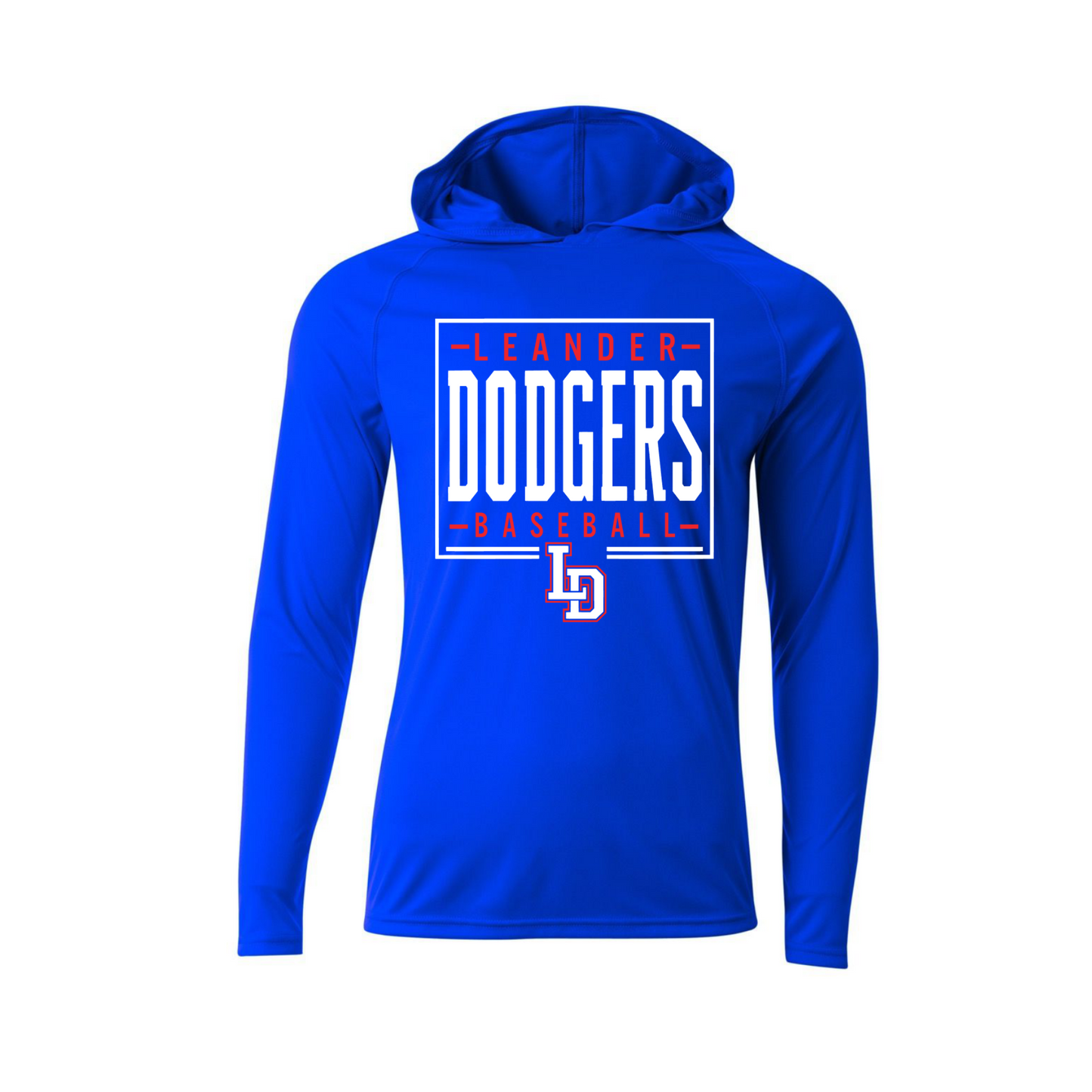 Leander Dodgers Baseball royal blue long sleeve performance hoodie with white and red team graphic