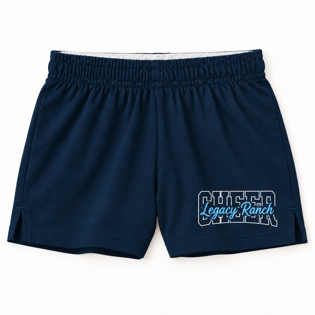 Navy Legacy Ranch Cheer squad shorts with white collegiate lettering and light blue script print