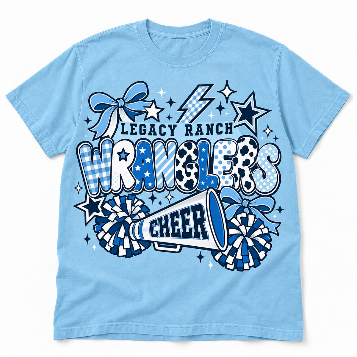 Light blue Legacy Ranch Cheer retro Wranglers graphic tee with bows, stars, pom-poms and megaphone