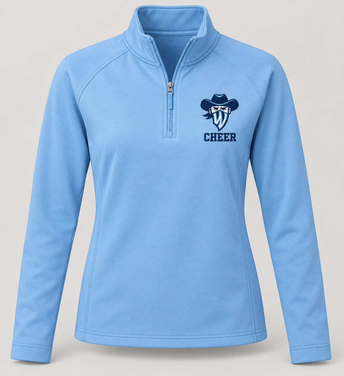 Light blue women's Legacy Ranch Cheer quarter-zip with left chest Wrangler mascot embroidery