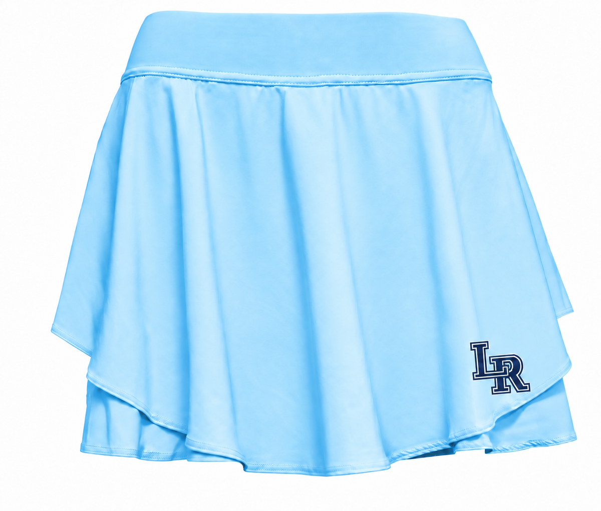 Light blue Legacy Ranch cheer skort with a navy and white LR logo near the hem