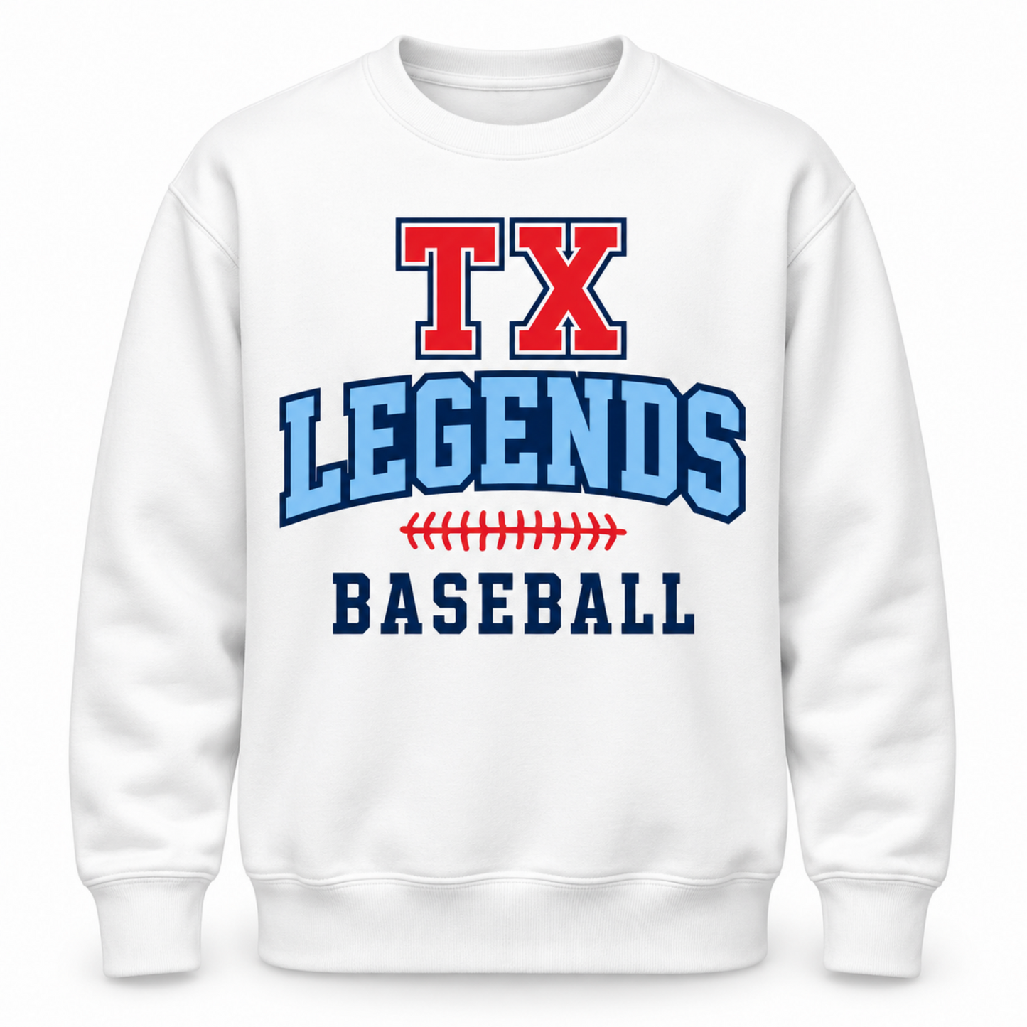 A white crewneck sweatshirt featuring a collegiate-style graphic on the front that reads 'TX LEGENDS BASEBALL' in red and blue lettering, with a small red baseball seam graphic between the words.
