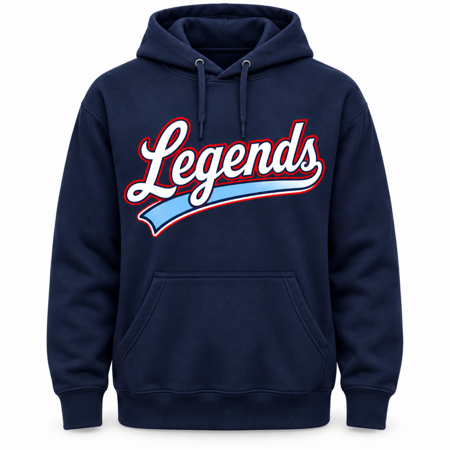 A navy blue pullover hoodie with a front kangaroo pocket and drawstrings, featuring a large 'Legends' graphic across the chest in white with a red outline and a light blue swoosh underneath, shown on a plain white background.