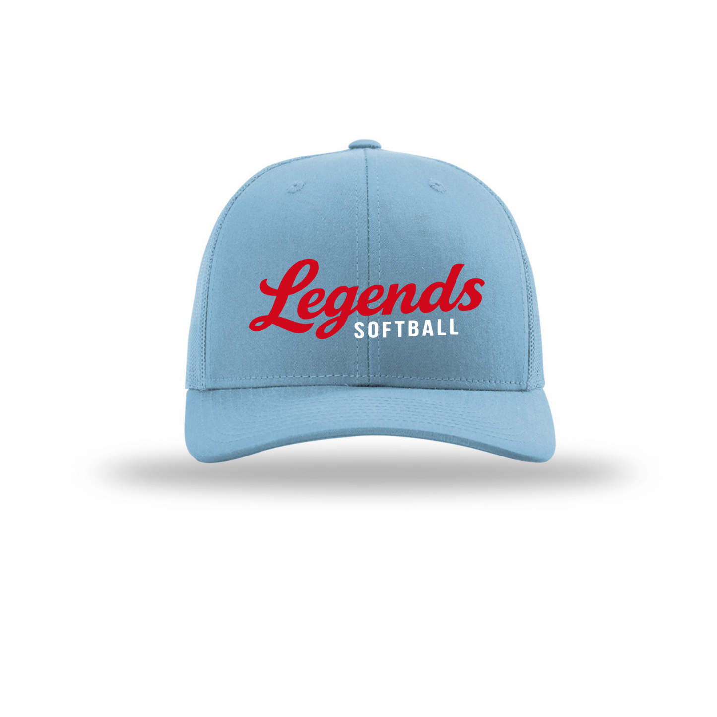 Light blue Legends Softball trucker hat with embroidered red and white script logo