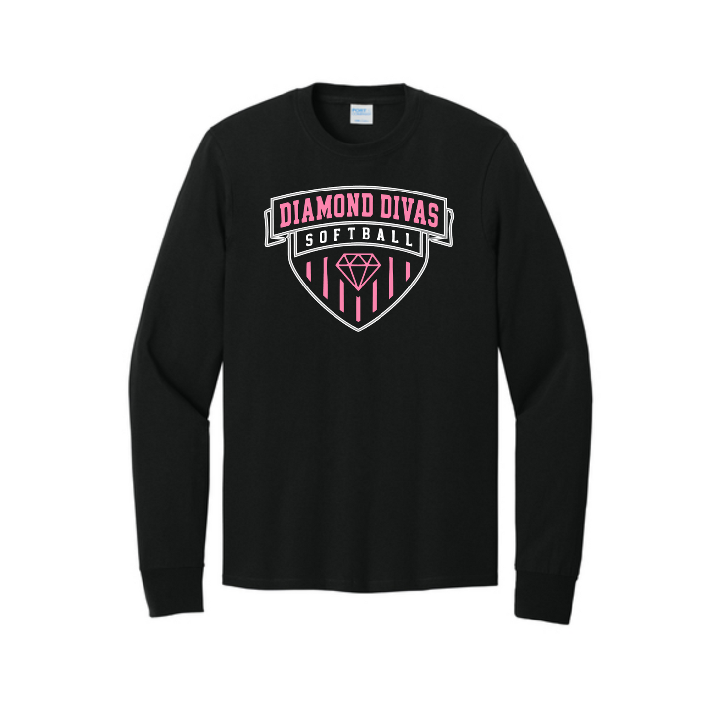 Black Diamond Divas Softball long sleeve shirt with pink and white shield team design