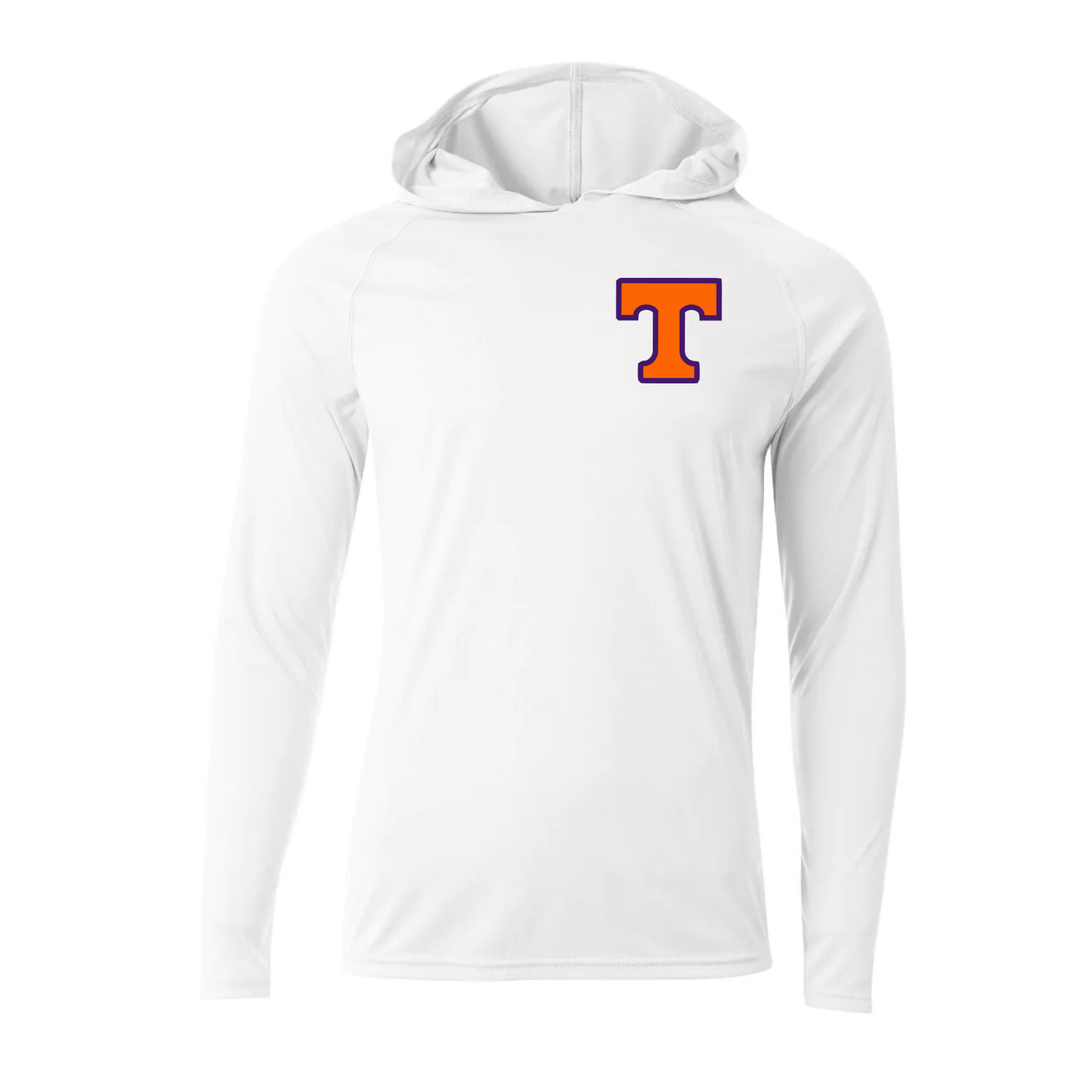 Texas Bulldogs White DriFit Long Sleeve Hooded Shirt – Performance Baseball Hoodie Tee with “T” Logo