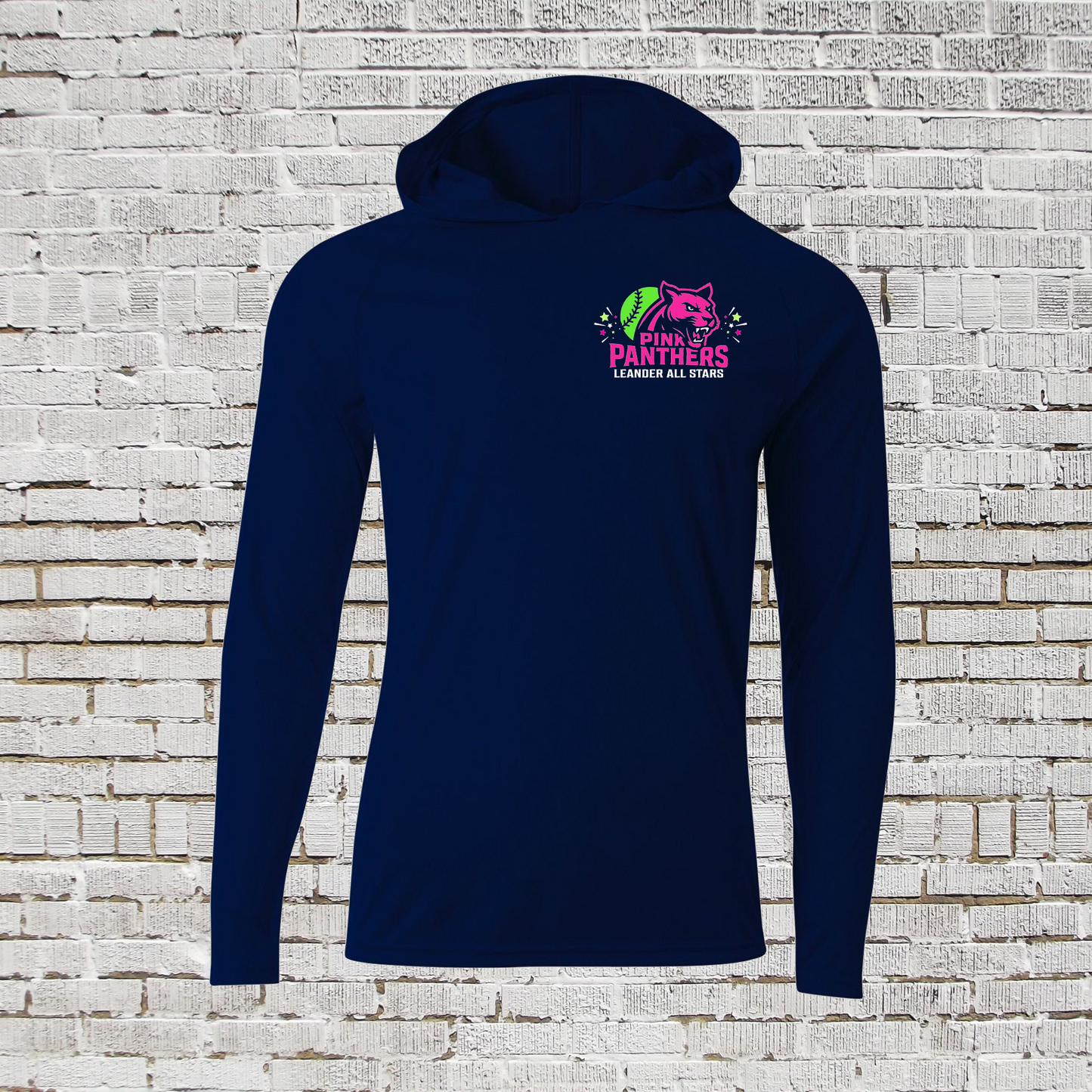 Navy Long Sleeve Hooded Shirt, Pink Panthers Hooded Shirt, Leander Softball Allstars Shirt