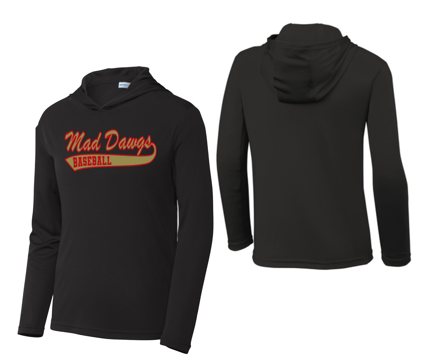Mad Dawgs Baseball Long Sleeve Hoodie Tee, Red Baseball Hoodie Tee, Mad Dawgs Hoodie Tee