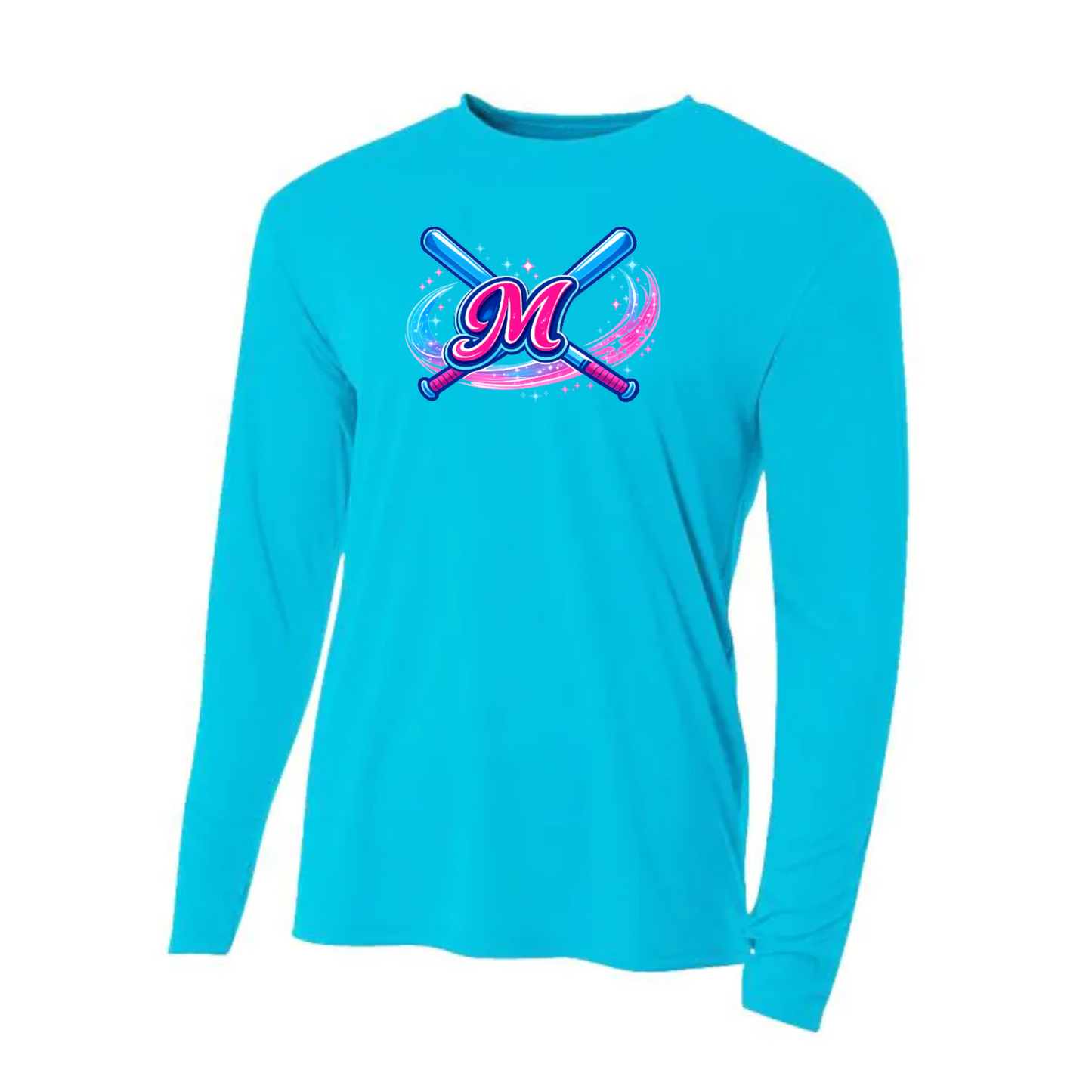 Turquoise long-sleeve shirt with 'M' design on a white background