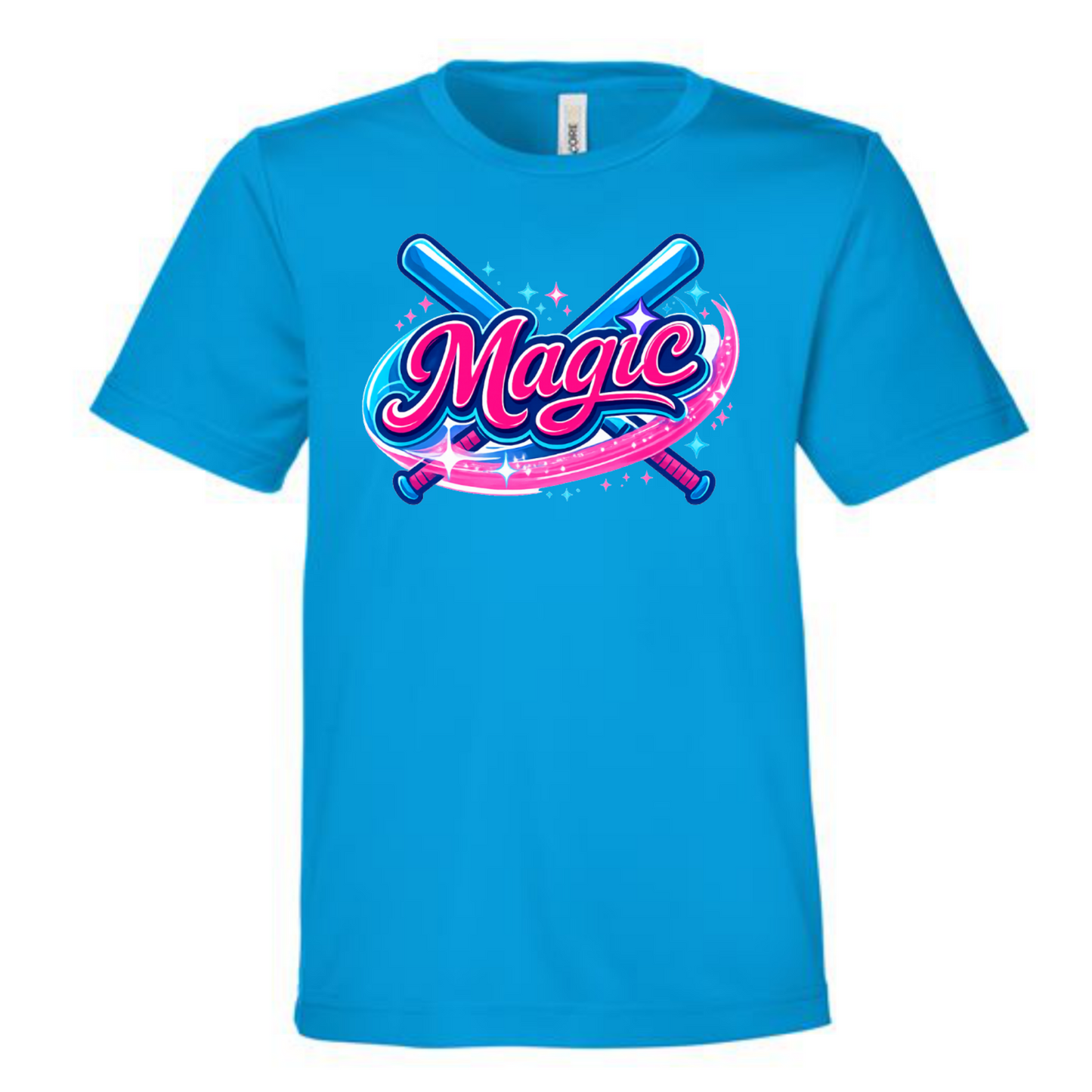 Blue t-shirt with 'Magic' graphic design on a white background
