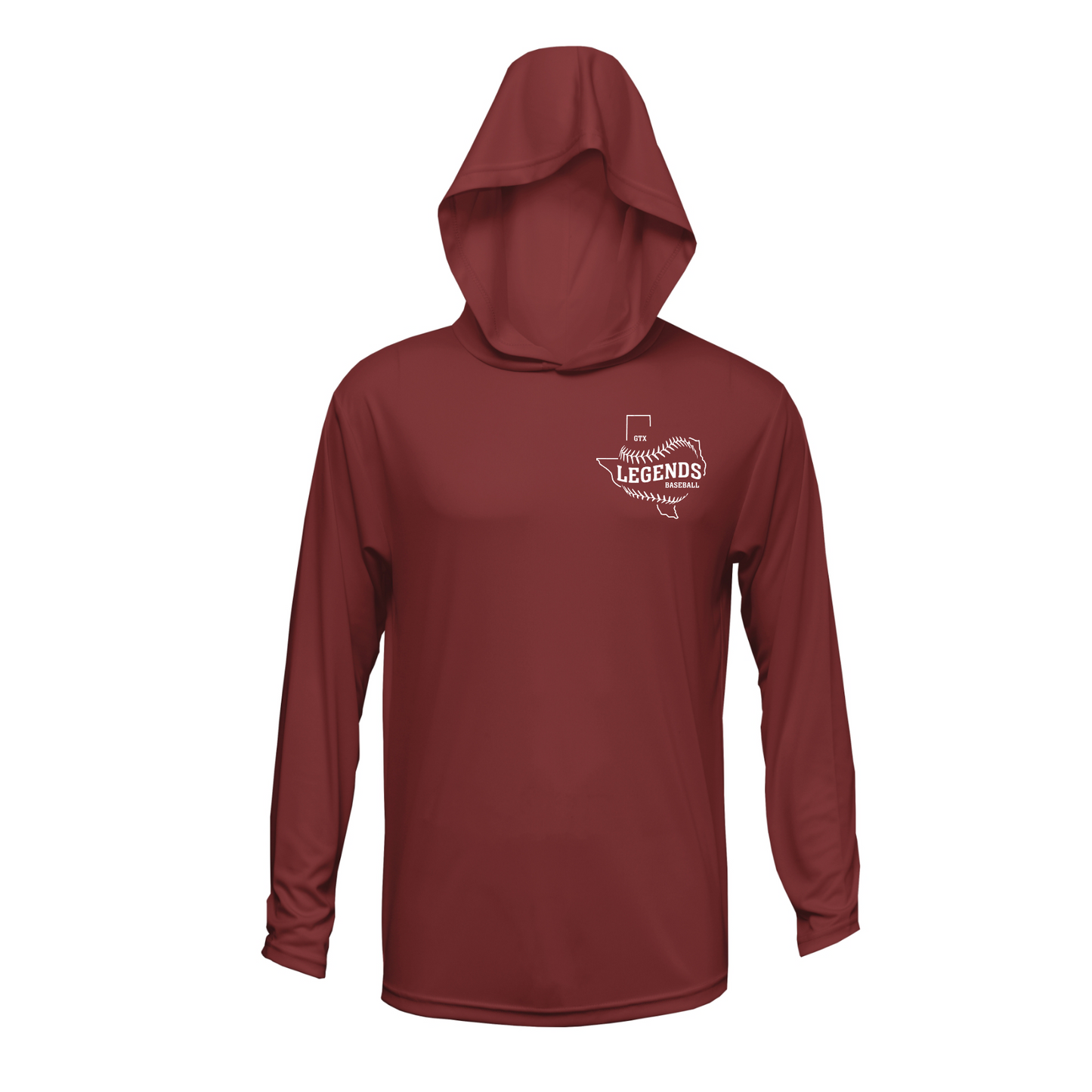 Maroon GTX Legends Hooded Shirt, GTX Legends Baseball Tee, Long Sleeve Hooded Legends Baseball
