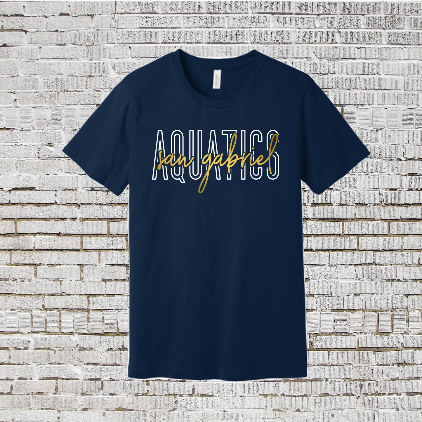 Navy San Gabriel Aquatics Shirt, San Gabriel Script Tshirt, Bella and Canvas San Gabriel Shirt