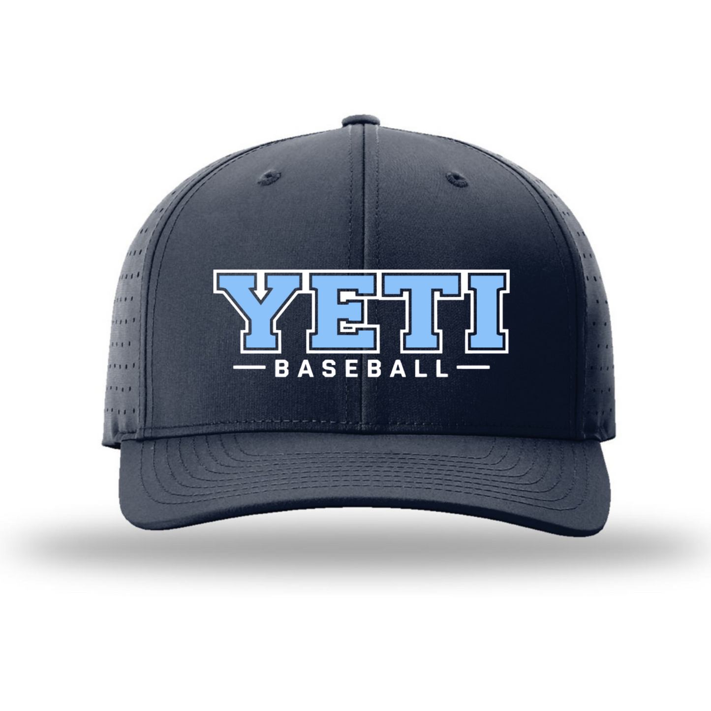 Navy cap with 'YETI BASEBALL' text on a white background