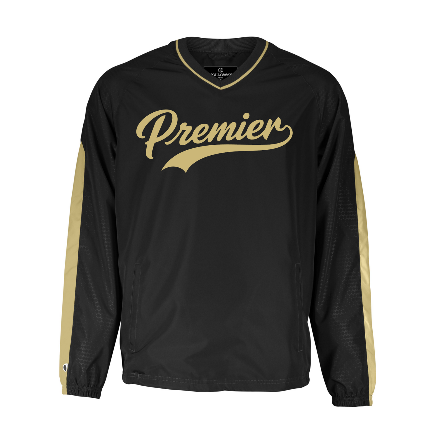 Black premier baseball wind jacket with Premier script on front chest.