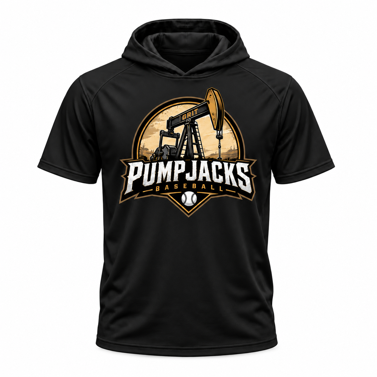 PumpJacks black short sleeve hooded shirt with the full white, gold and black GRIT pumpjack and baseball design on the front