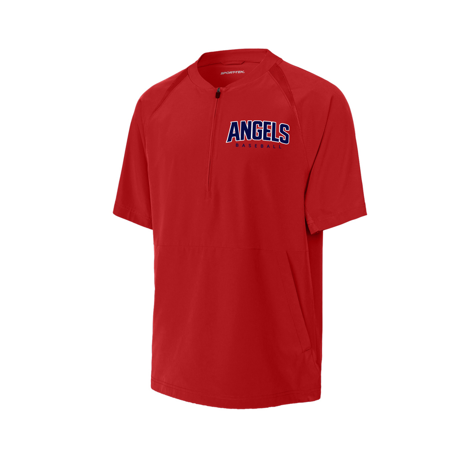 A red short-sleeve athletic pullover with a half-zip collar and 'ANGELS BASEBALL' printed in navy and white on the chest, shown on a plain white background.