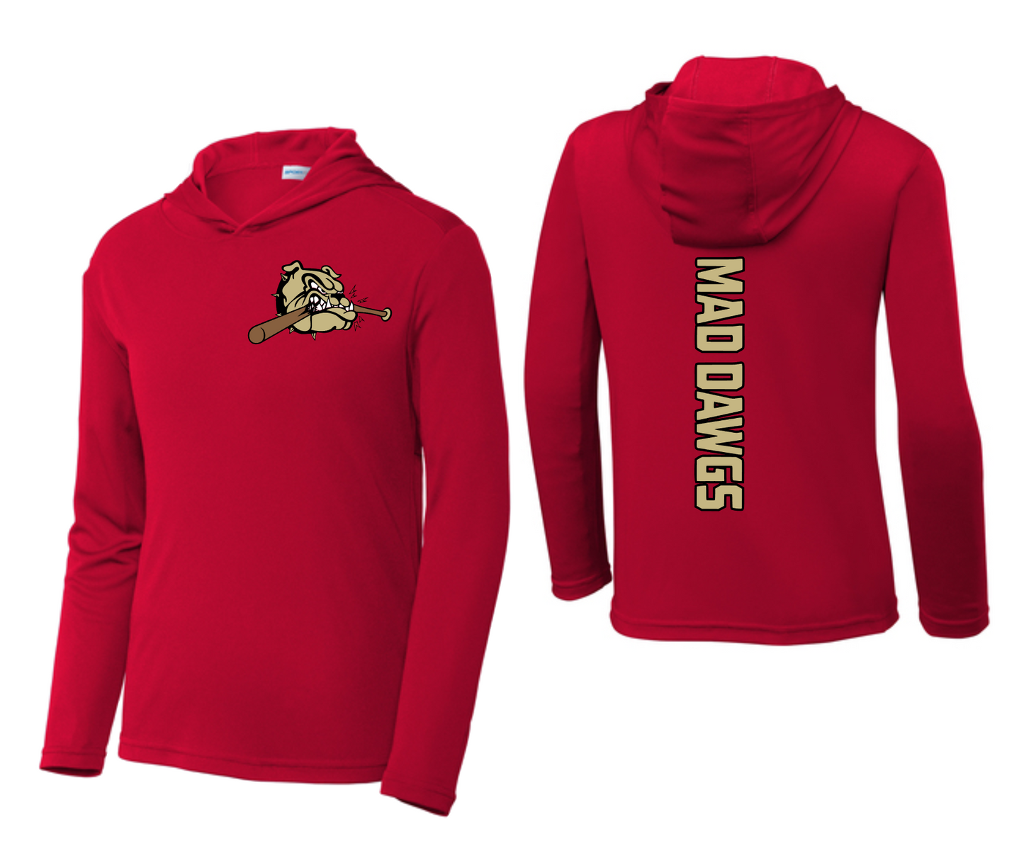 Mad Dawgs Baseball Long Sleeve Hoodie Tee, Red Baseball Hoodie Tee, Mad Dawgs Hoodie Tee