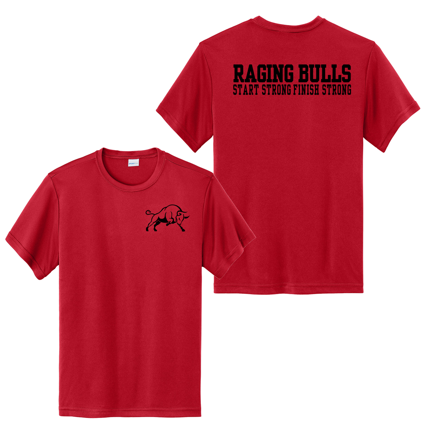 Red Raging Bulls “Start Strong Finish Strong” Baseball Tee