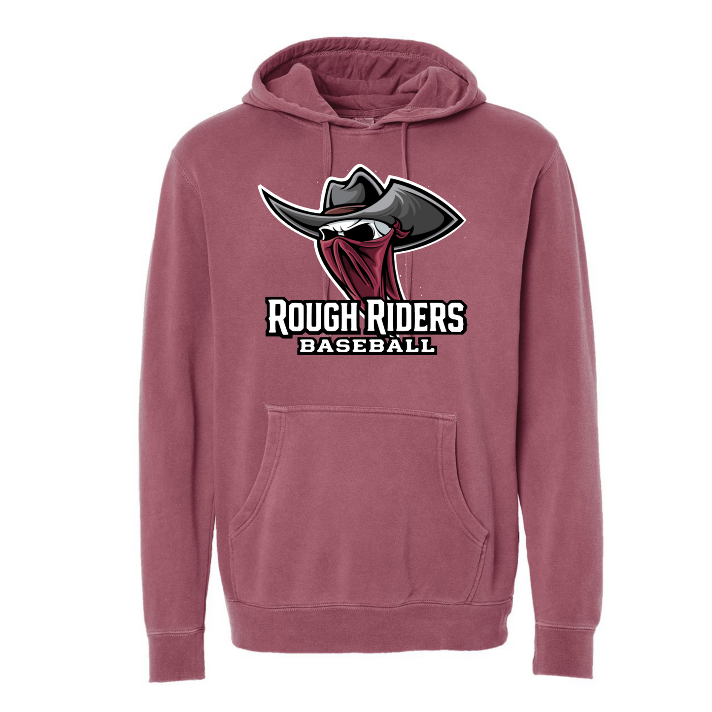 Maroon hoodie with 'Rough Riders Baseball' logo on a white background