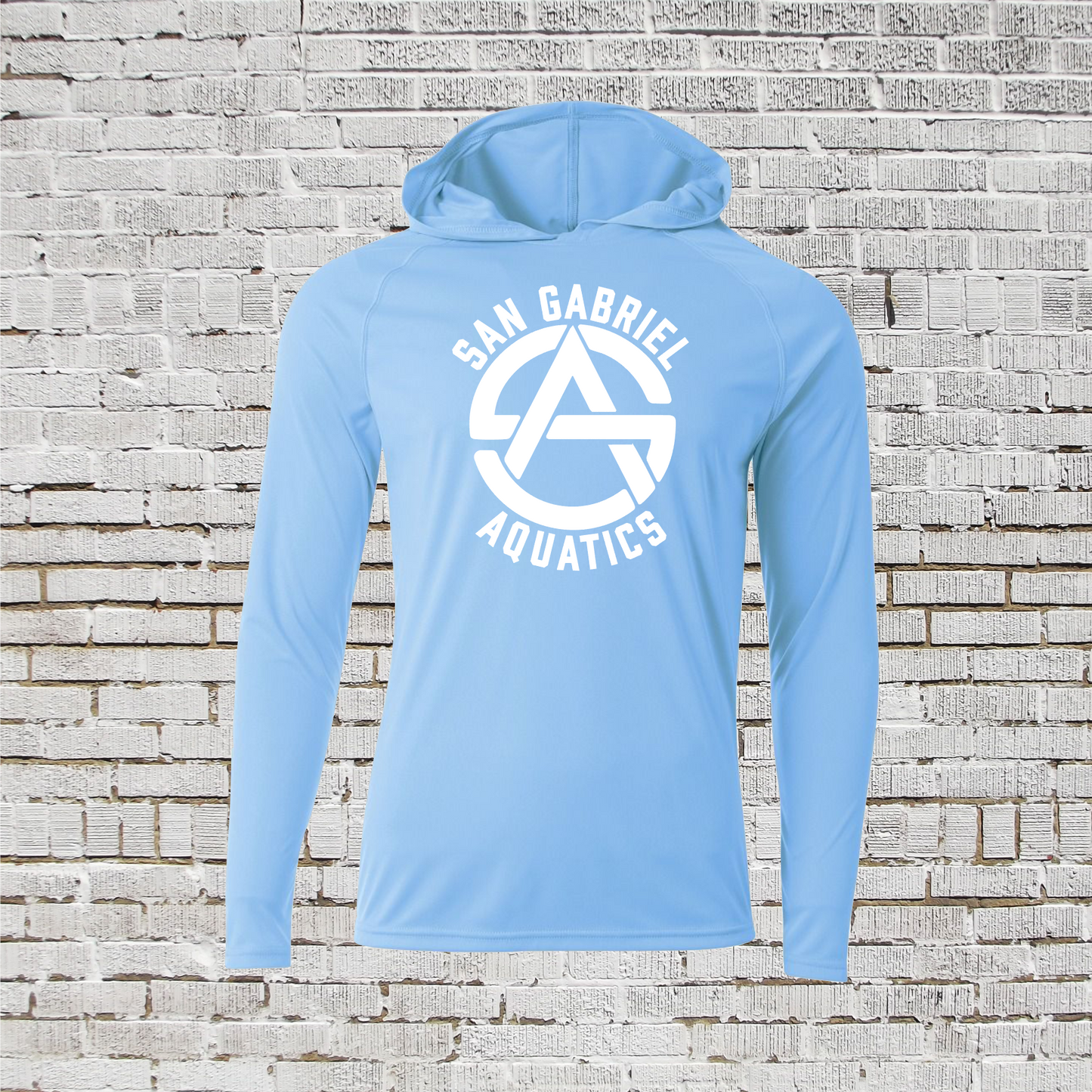 Light Blue Long Sleeve Hoodie San Gabriel Aquatics Tee, SGA Hooded Tee, San Gabriel Swim Top