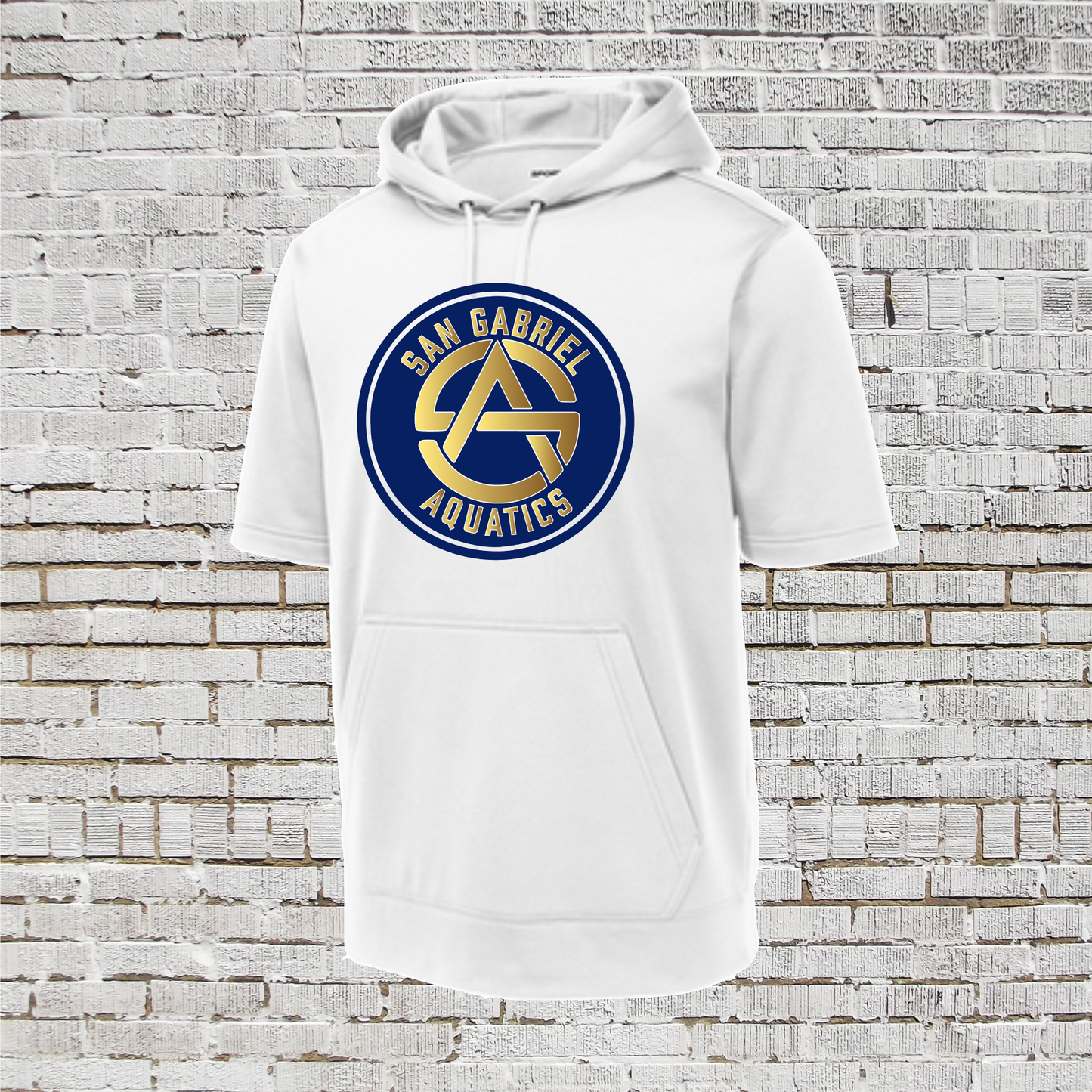 White SGA Fleece Hooded Shirt, San Gabriel Aquatics Short Sleeve Hoodie, San Gabriel Aquatics Spiritwear