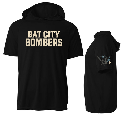 Black Hooded Bat City Bombers Shirt, Short Sleeve Hooded Tee, Bat City Spiritwear