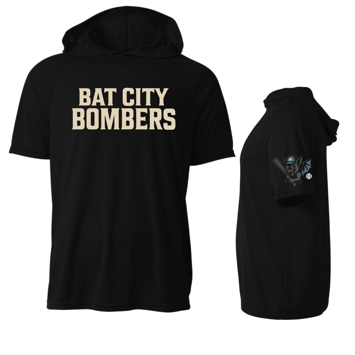 Black Hooded Bat City Bombers Shirt, Short Sleeve Hooded Tee, Bat CIty Bombers Spiritwear
