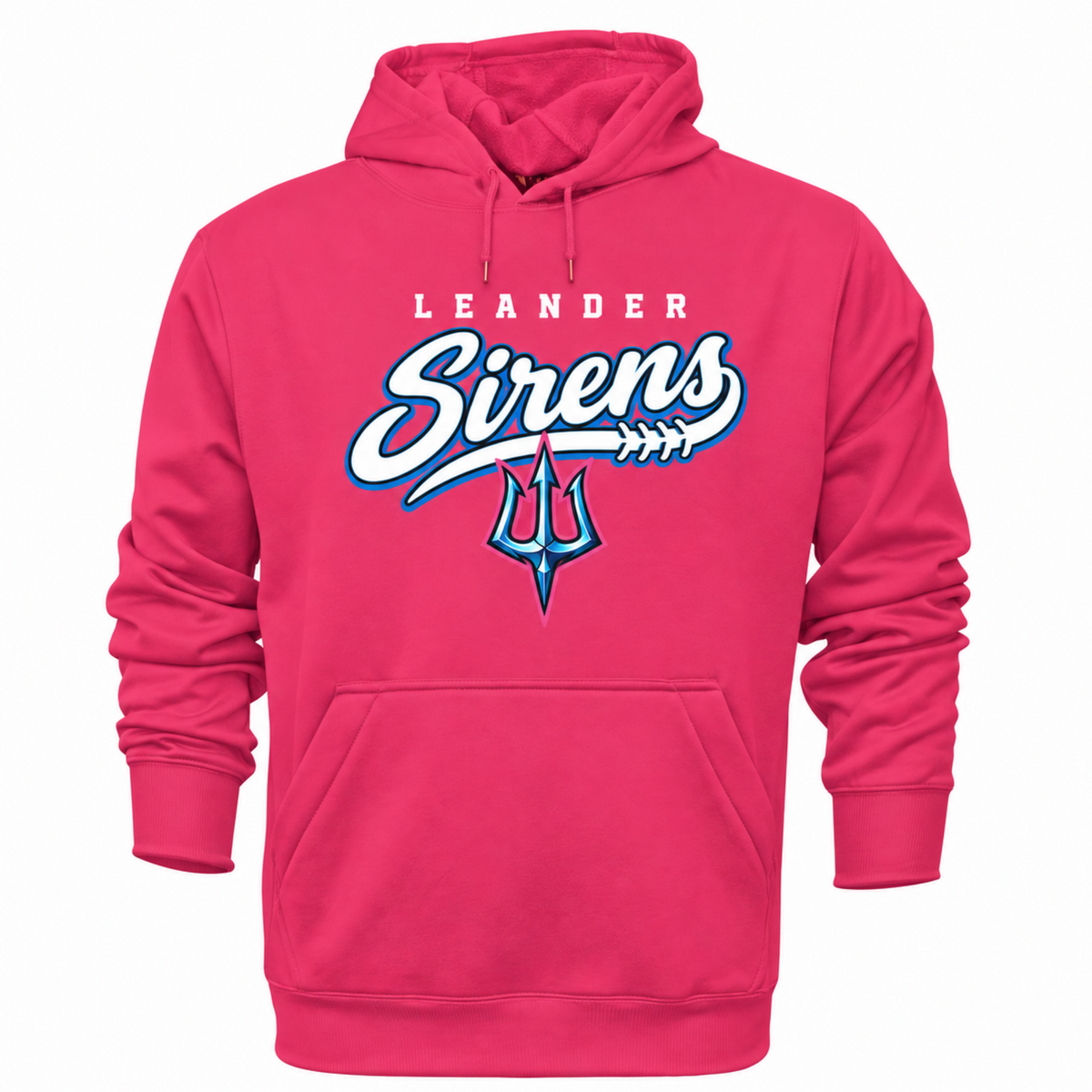 A bright pink pullover hoodie with a front kangaroo pocket and drawstrings, featuring a large 'LEANDER Sirens' graphic on the chest in white, blue, and purple.