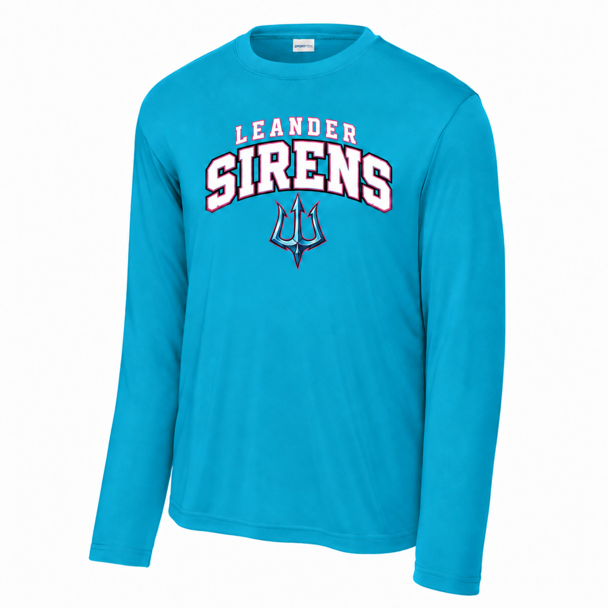 A bright turquoise long-sleeve crewneck shirt featuring a 'LEANDER SIRENS' graphic with a trident logo on the chest, displayed on a clean white background.