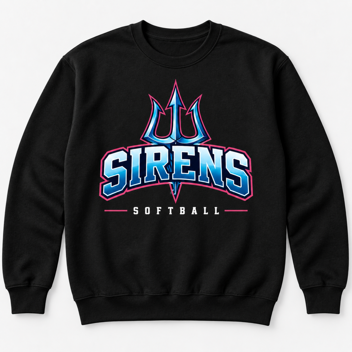A black crewneck sweatshirt featuring a large graphic on the front with a blue and pink trident logo above the text 'SIRENS SOFTBALL' in blue, white, and pink.