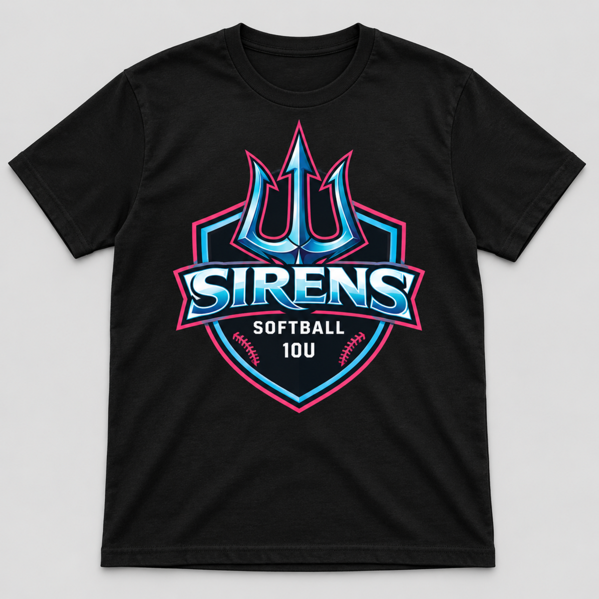A black short-sleeve crewneck t-shirt featuring a large graphic on the chest. The graphic displays a stylized blue and pink trident logo above the word 'SIRENS' in white, with 'SOFTBALL 10U' printed below inside a shield outline.