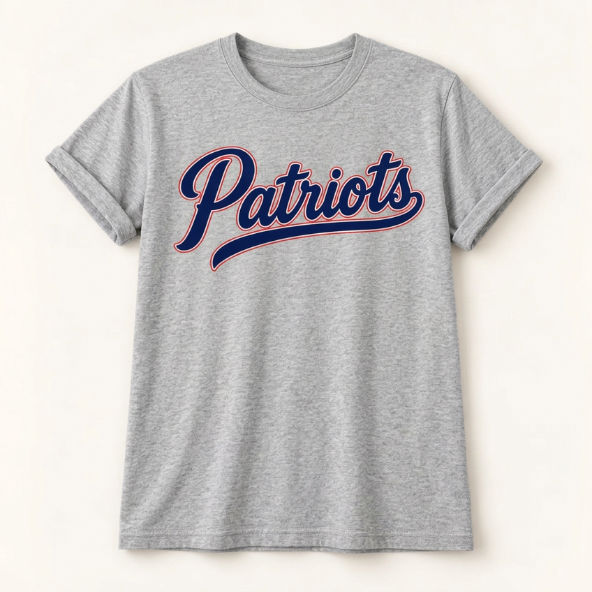 East View Patriots Script Tee - Ash Gray with navy patriots script with white and red outlines and east view underneath