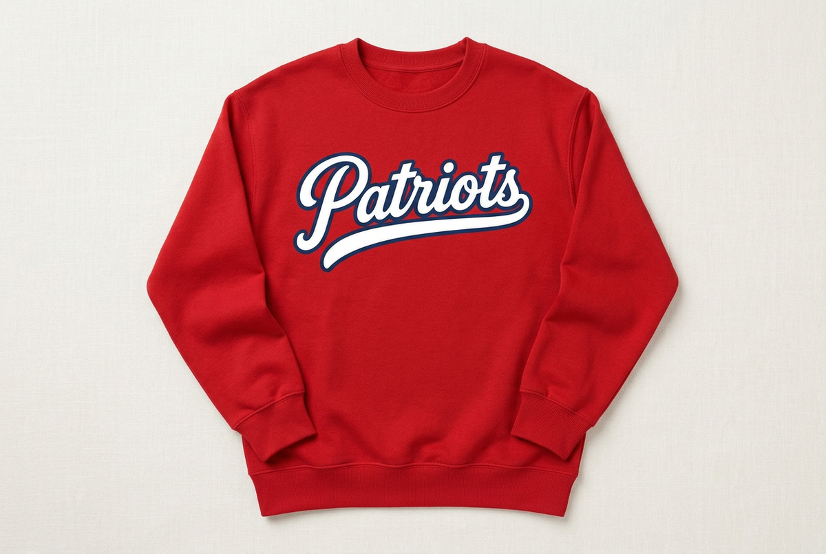 East View Patriots Script Crewneck - Red with white patriots script with a navy outline and east view underneath