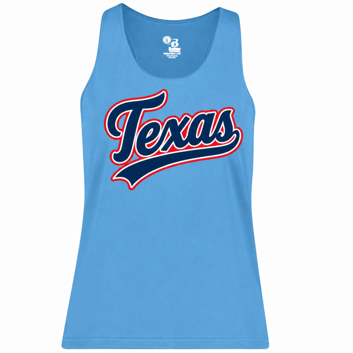 A light blue sleeveless tank top featuring a large 'Texas' script graphic across the chest in navy blue with a red outline, shown on a plain white background.