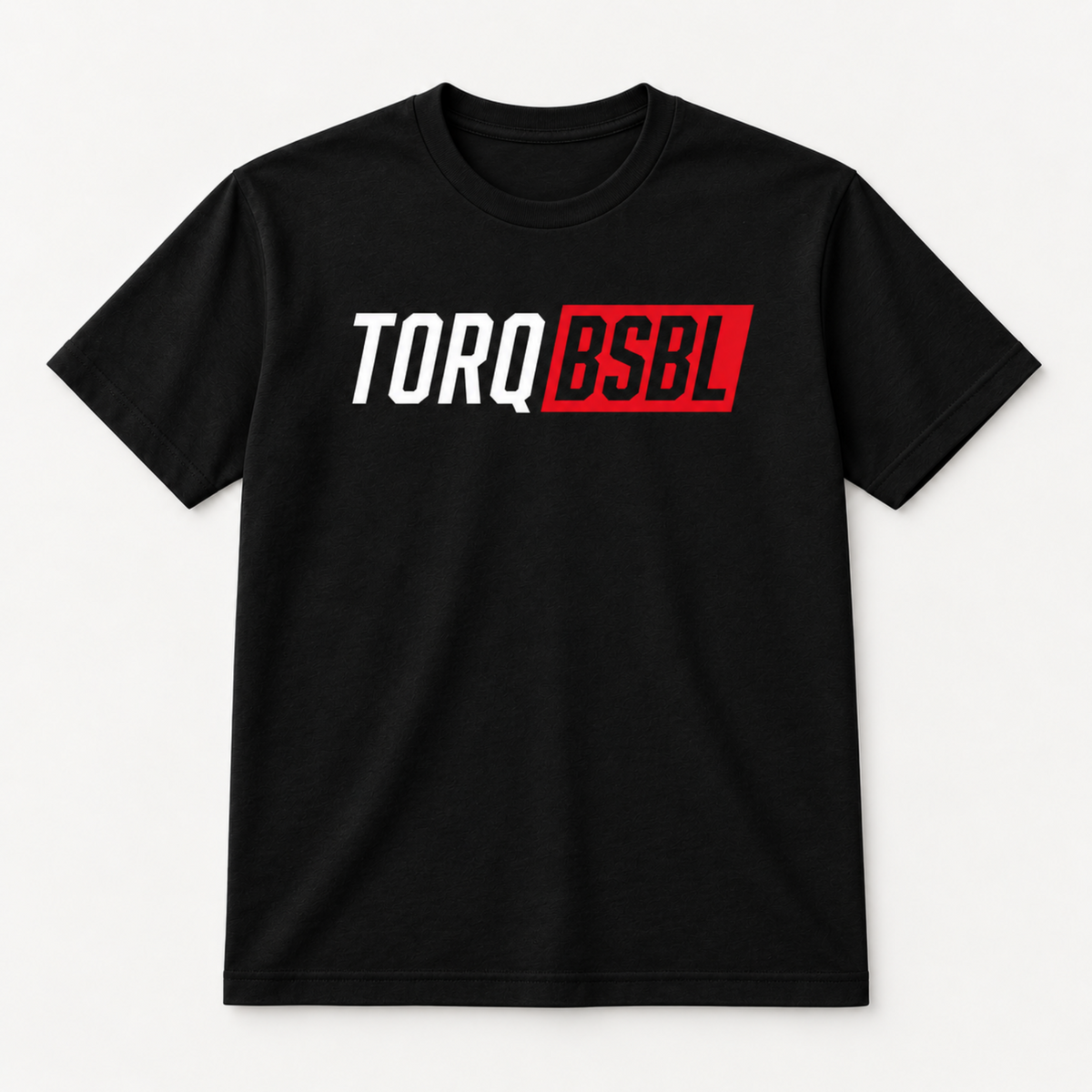 A black short-sleeve crewneck t-shirt featuring a 'TORQ BSBL' graphic across the chest, with 'TORQ' in white and 'BSBL' inside a red block, shown on a light gray background.