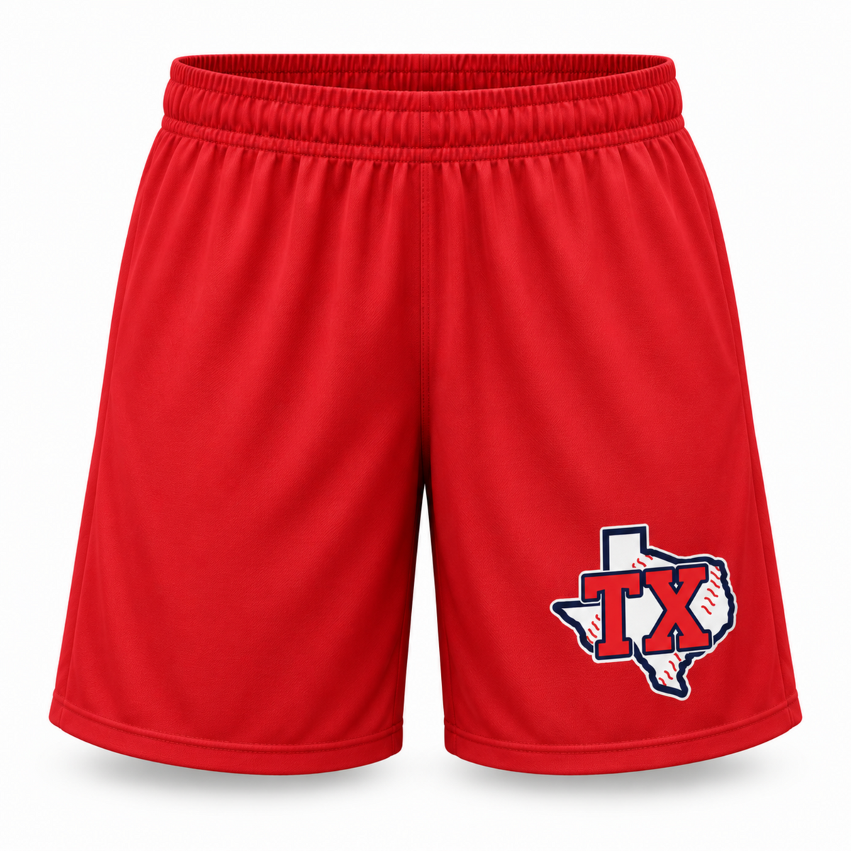 Red athletic shorts with an elastic waistband and a Texas-themed 'TX' logo patch on the left leg, displayed on a clean white background.