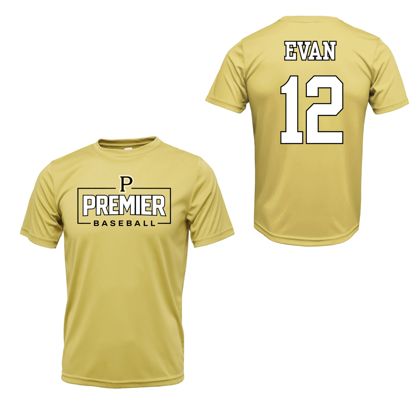 Yellow baseball jersey with 'Premier Baseball' logo on front and 'Evan 12' on back