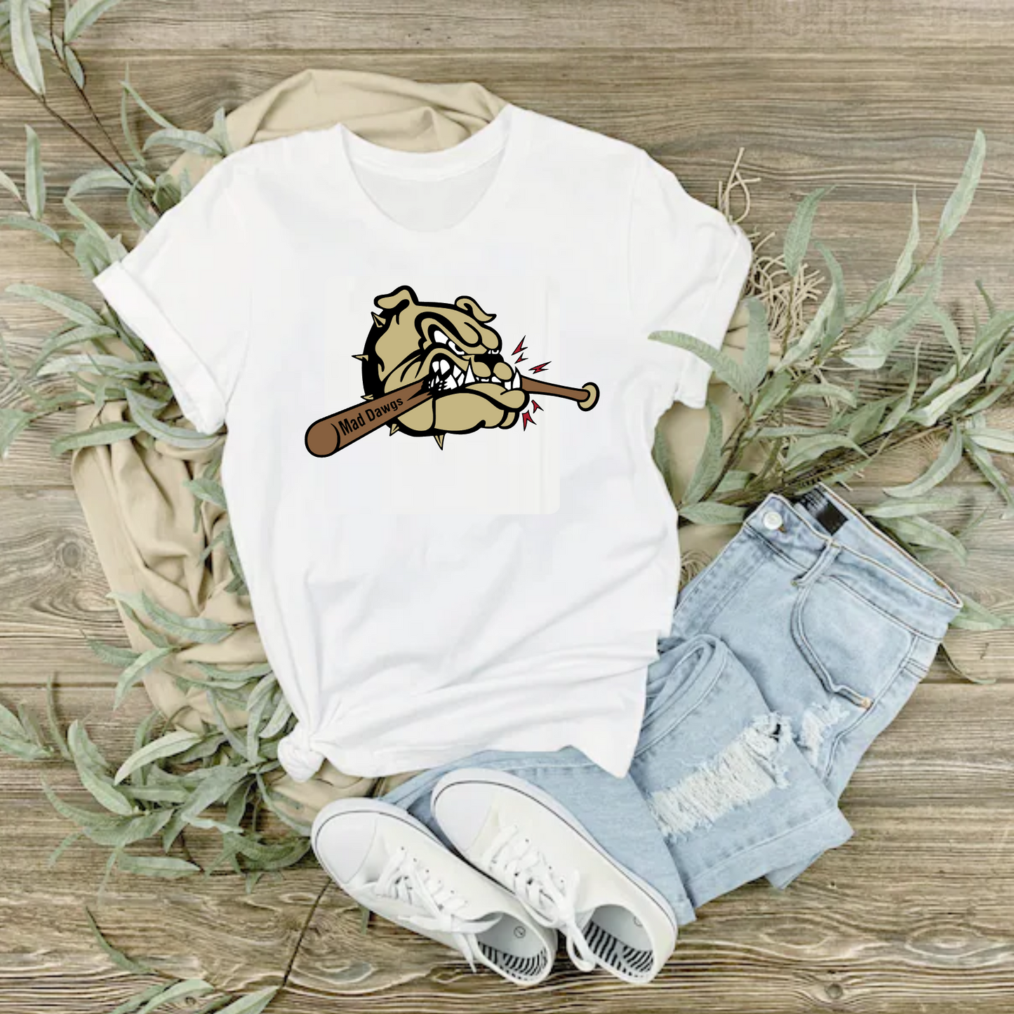 Mad Dawgs White Tee, Mad Dawgs Baseball Shirt, Bull Dog Tee, White Dog Shirt