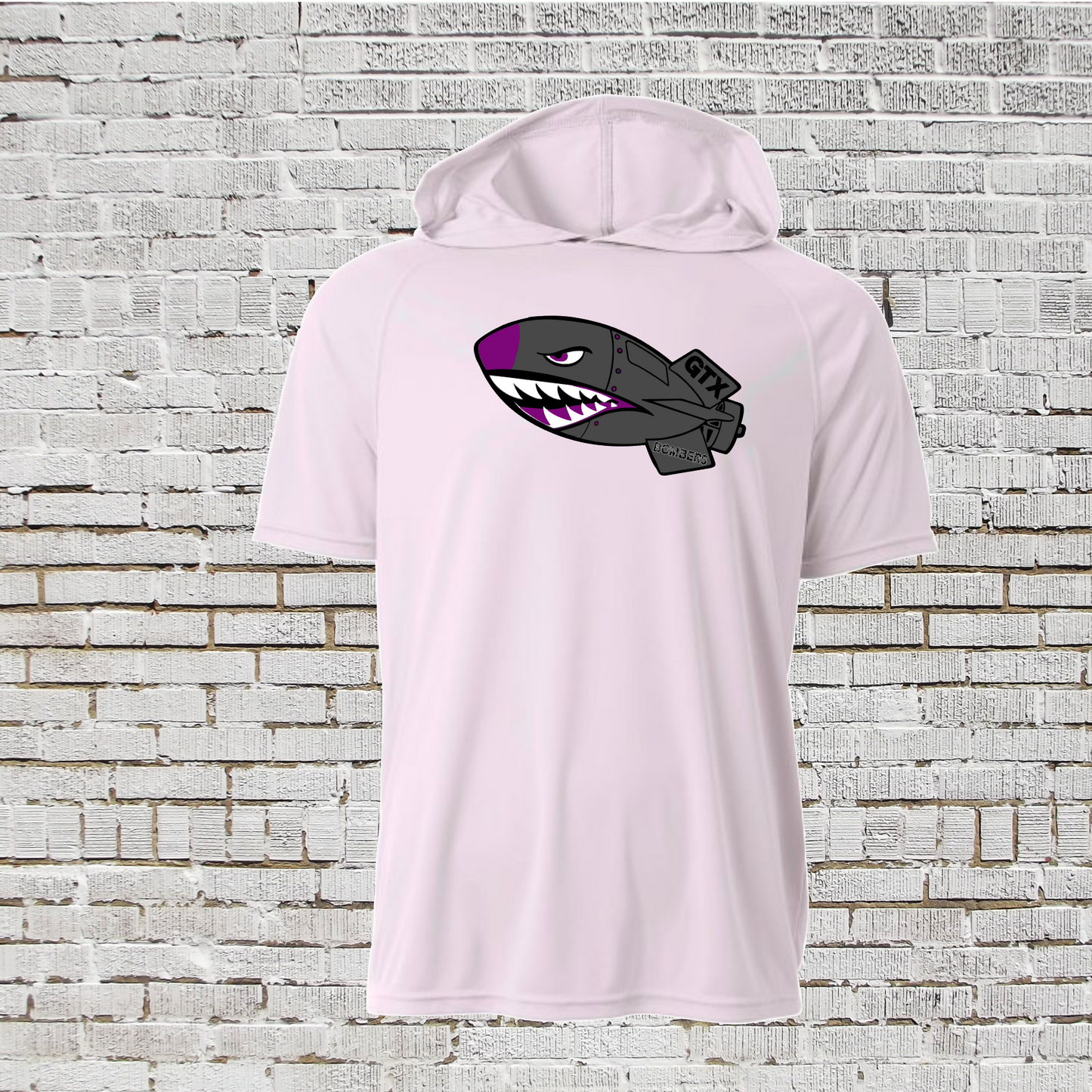 GTX Bombers Softball Hooded Tee, White Bombers Softball Shirt, White Hooded Tshirt