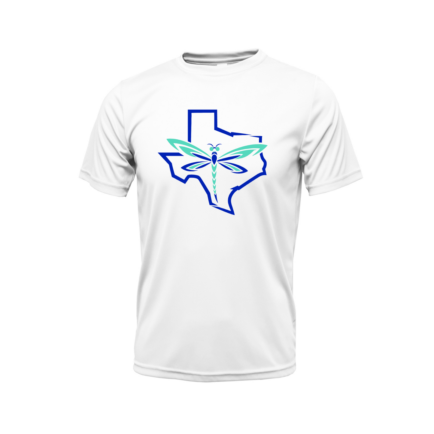 A white short-sleeve crewneck t-shirt featuring a blue outline of the state of Texas with a stylized green and blue dragonfly graphic in the center.