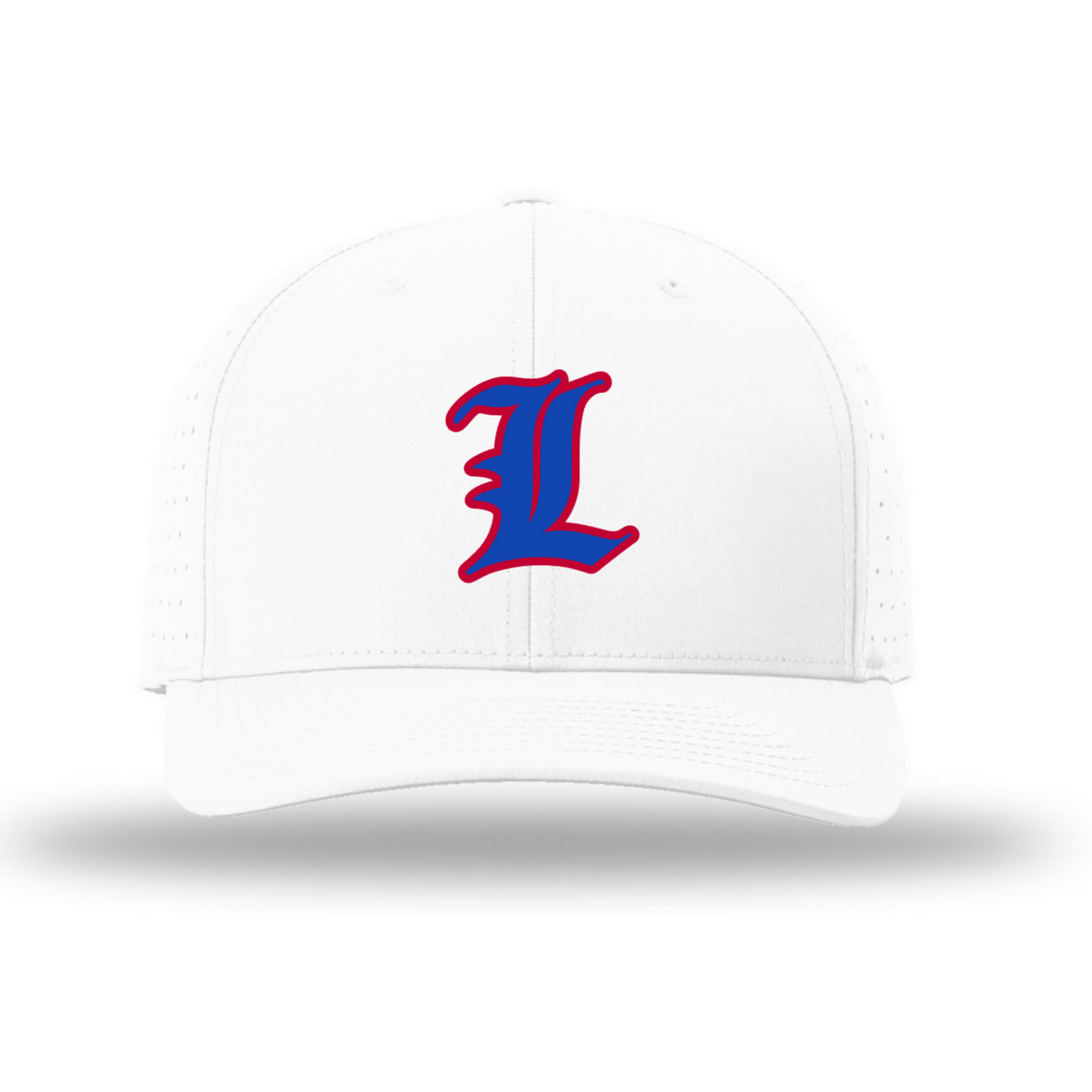 White cap with a red and blue 'L' logo on a white background