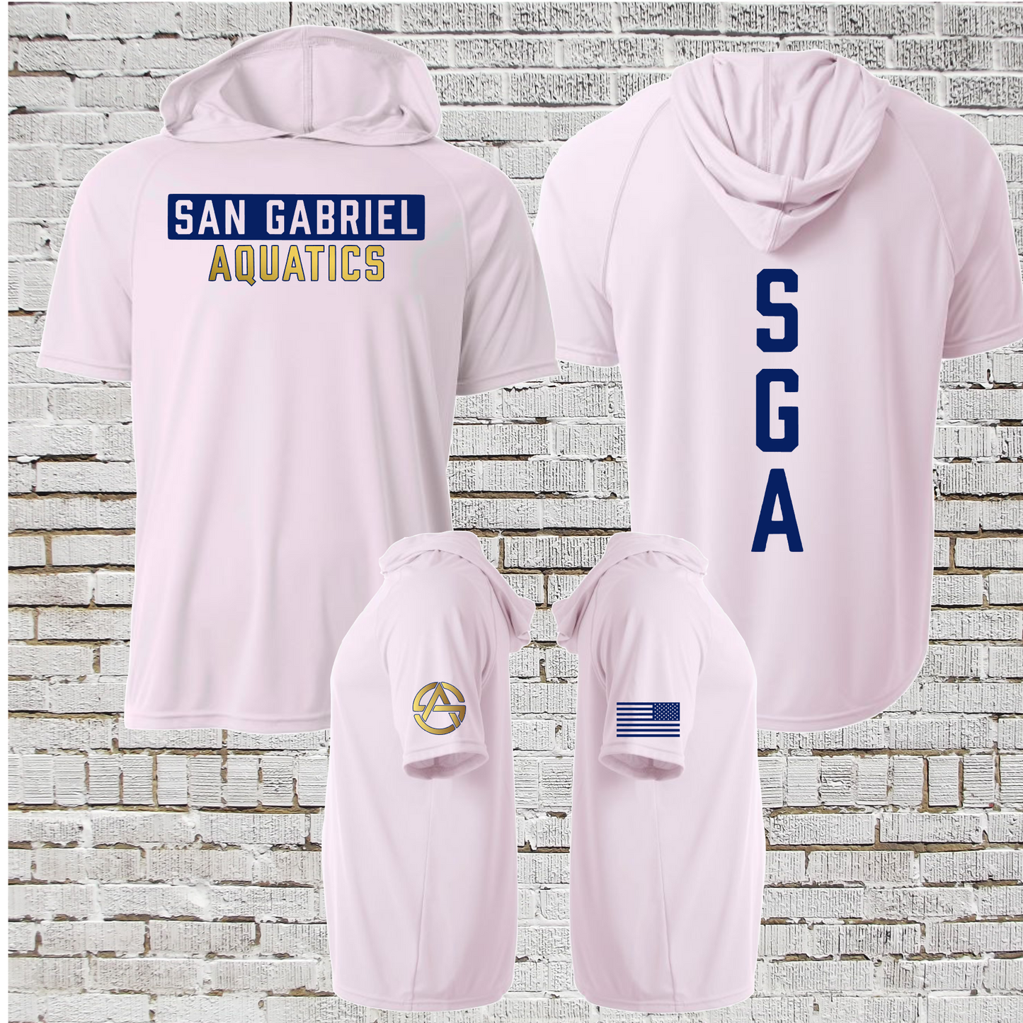 White Short Sleeve San Gabriel Aquatics Hoodie Tee, San Gabriel Aquatics Spirit Wear, SGA Swimming Shirt