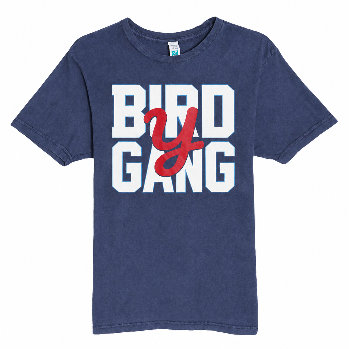 Washed navy tee with white Bird Gang lettering, Columbia blue accents, and a red Yardbirds Y