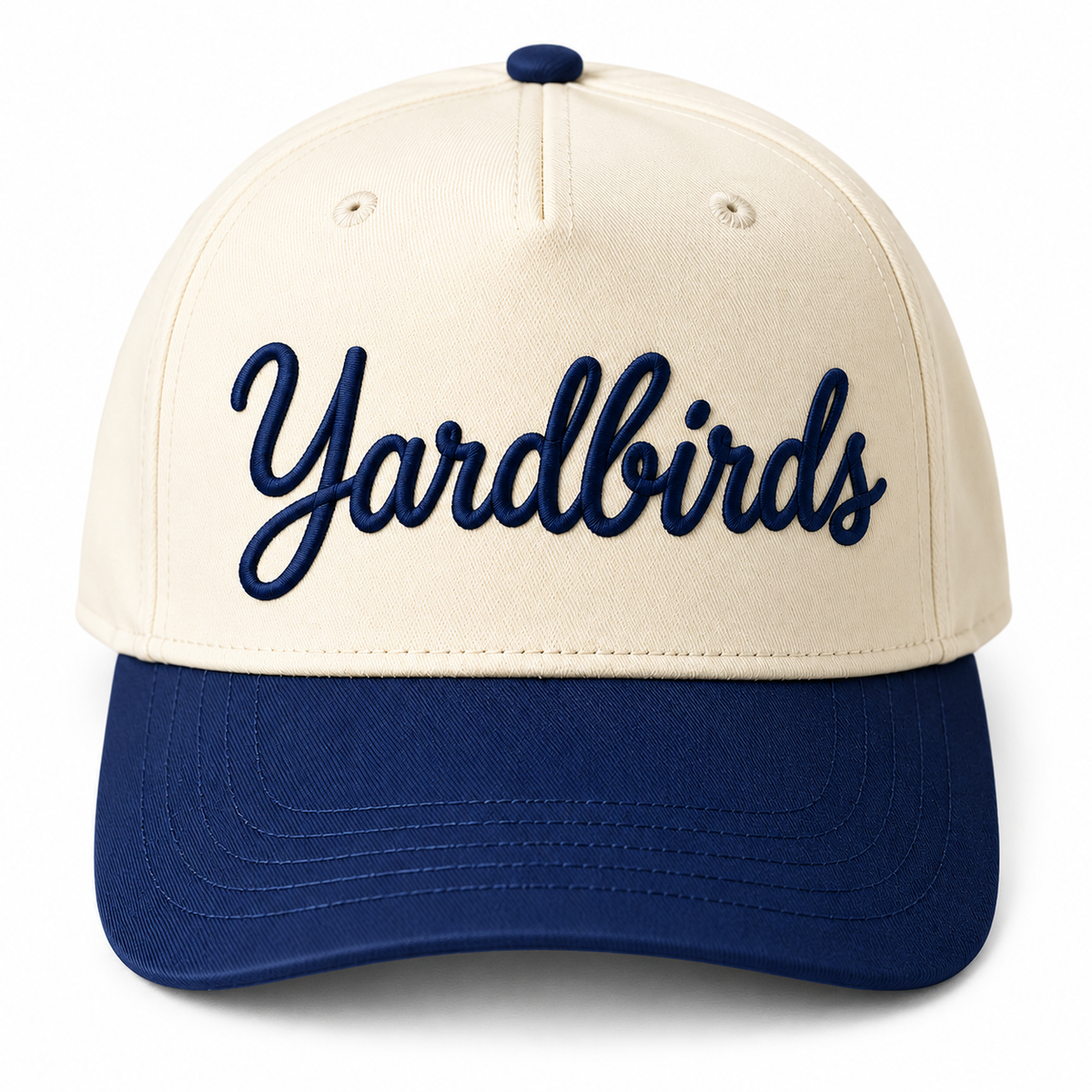 Yardbirds Cream & Navy Embroidered Script Hat front individual product view